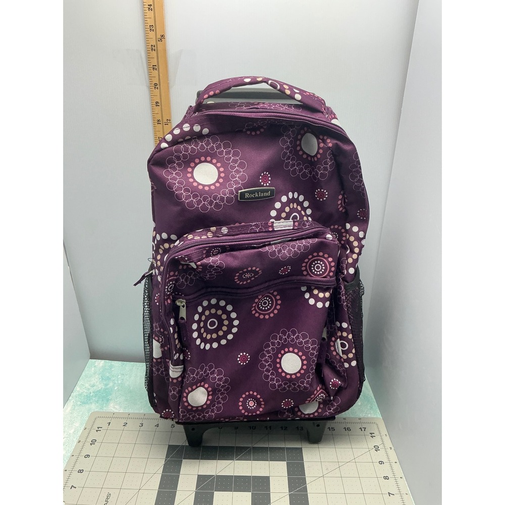 Rockland Rolling Backpack Purple Pink Dot Pattern Wheeled School‎ Travel Bag